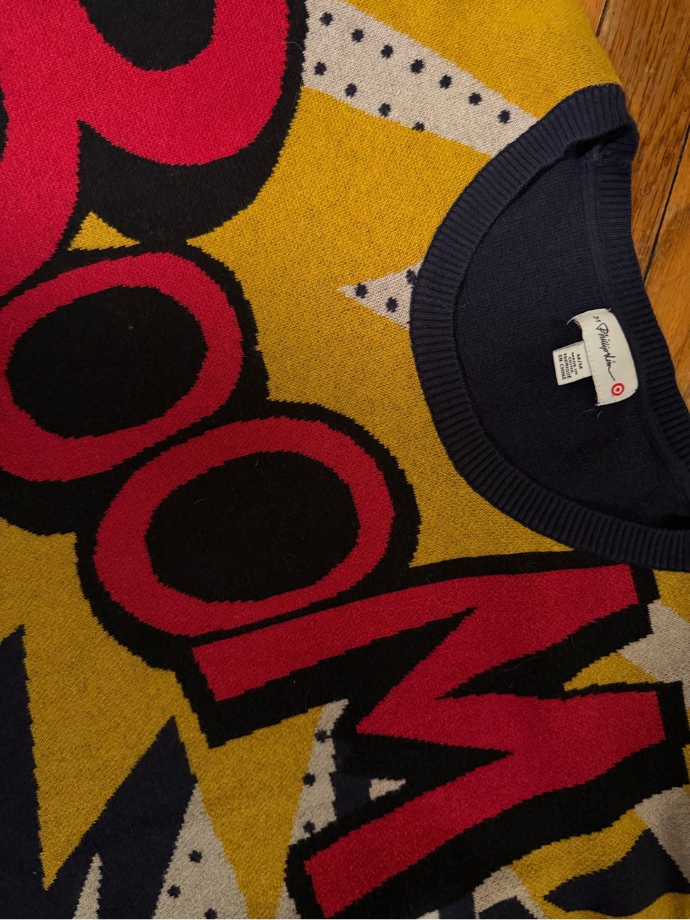 Christopher Radko Yellow Graphic Crewneck Sweater with Red and Navy Accents